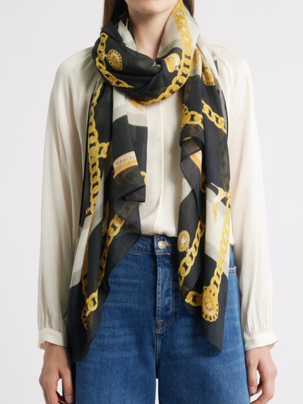 Kurt Geiger Black and Gold Chain-Print Scarf
